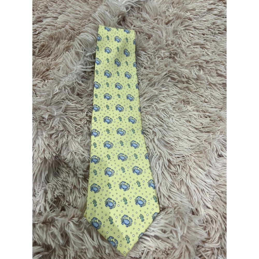 Vineyard Vines Mens Silk Neck Tie Yellow Blue Crab Coral Nautical Accessory